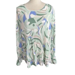 Nine West Pleated Flowy Abstract Pastel Green Lavender Feminine Top Women Sz 1X